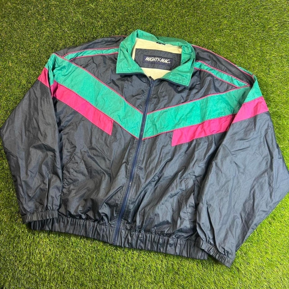 Mighty-Mac Vintage 80s/90s Windbreaker Jacket Mens XL Teal Pink Colorblock